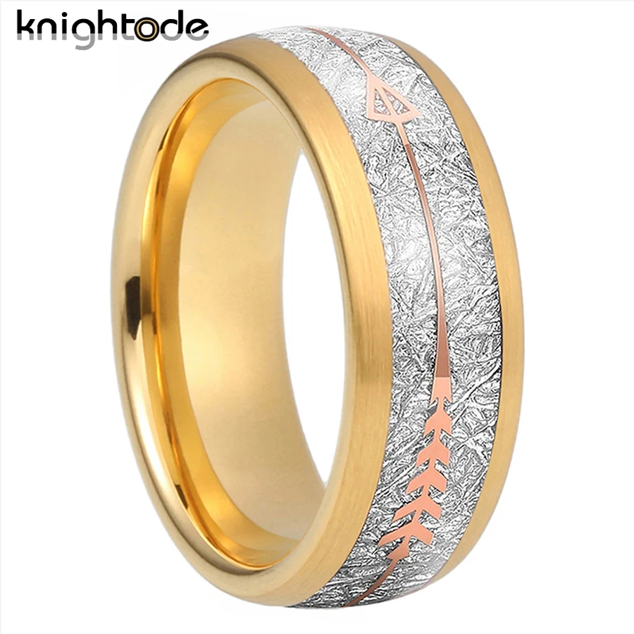 

8mm Tungsten Carbide Wedding Band Rose Arrow White Meteorite Inlay Men Women Lovers Engagement Rings Dome Brushed Comfort Fit