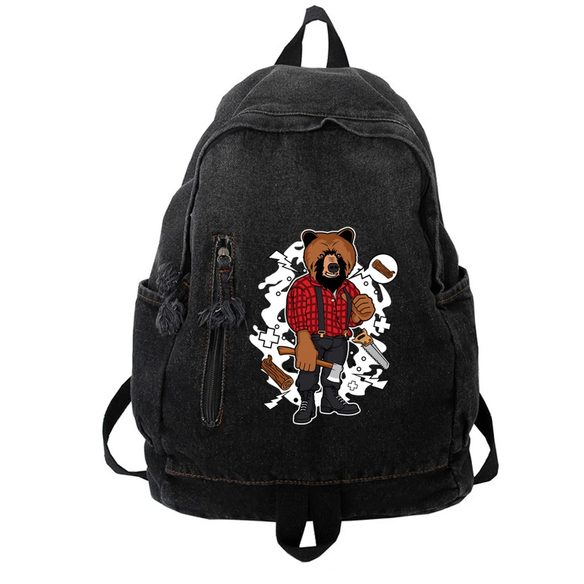 

Women Men Cool Bear Cartoon Pattern Pattern Printed Denim Backpack Large Capacity Retro Bagpack College Student School Backbag