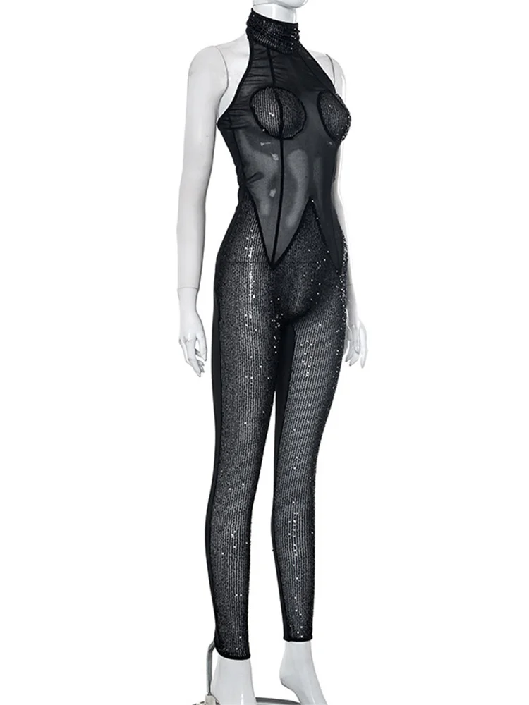 Sibybo Mesh Solid Sequins Transparent Sleeveless Women Jumpsuit Turtleneck Slim Street Sexy Patchwork High Waist One Pieces