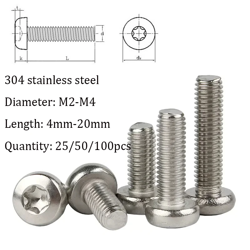 

100pcs~25pcsTorx round head screw M2 M2.5 M3 M4 six lobe 304 stainless steel pan head torx machine security screw L=4-20mm