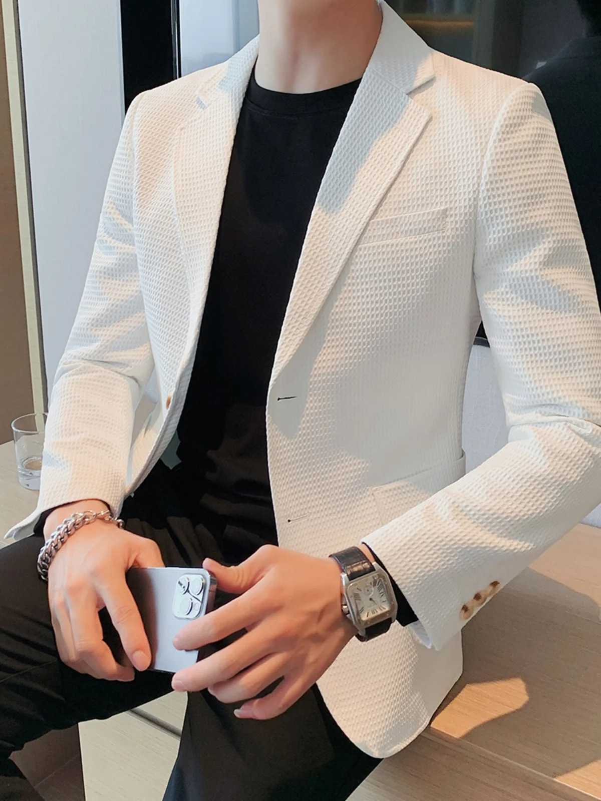 New Spring Knitted Blazer - Men Casual Knit Slim Suit Jackets - Business Waite Blazer (T2M)(T1M)