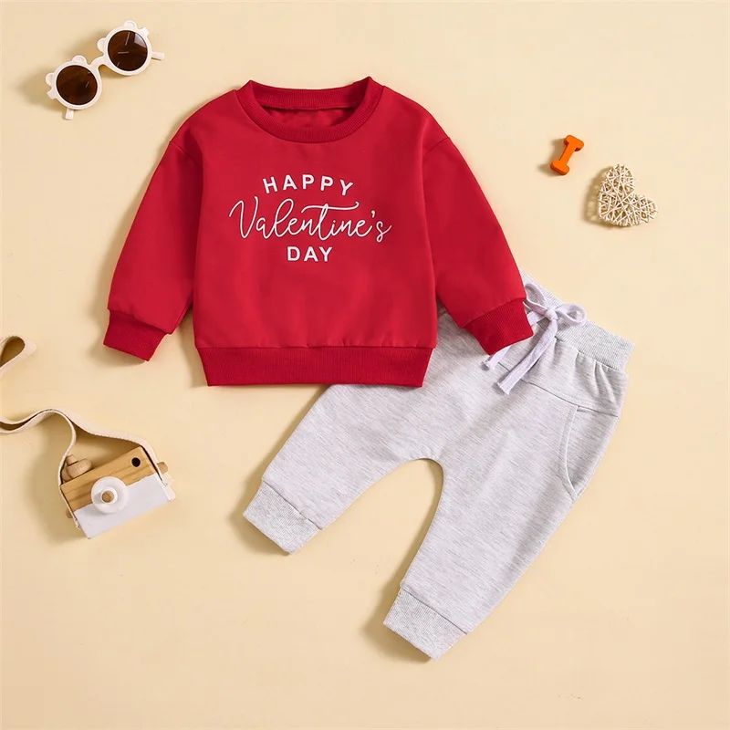 

2023-11-03 Lioraitiin 3M-3Y Toddler Boys Valentine’s Day Sets Red Long Sleeve Letter Print Pullover and Drawstring Pants Sets