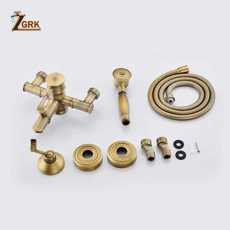 ZGRK Shower Faucets Antique Brass Wall Mounted Bamboo Bathroom Faucet Shower with Handheld Bathtub Faucet Water Mixer Crane Tap