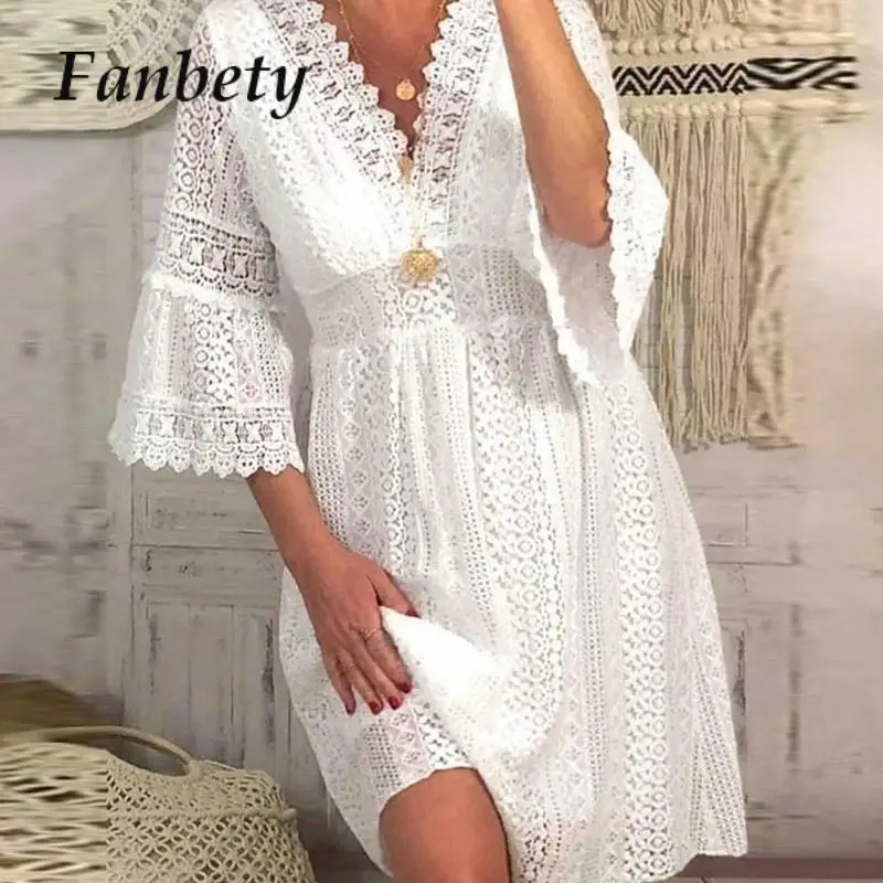 

Fashion Lady V-neck Hollow Out Lace Flare Sleeve Dress 2023 Summer New Women Elegant Simple A-Line Dress Temperament Lace Dress