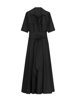 Chic Solid Short Sleeve Lapel Long Dress For Women Elegant Single Breasted Waist Maxi Dress Lady Holiday Evening Party Vestidos 1