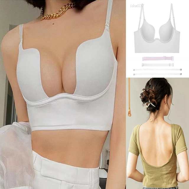 Deep U Neck Invisible Bras Women Sexy Transparent Strap Push Up Tops  Backless Strapless Lingerie Dresses Fox Gathered Underwear - AliExpress