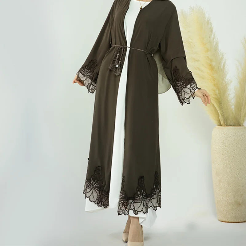 Women's Muslim Abaya Dress, Lace Trimmed Cardigan Robe, Monochromatic, Middle East, Islam, Dubai, Abaya