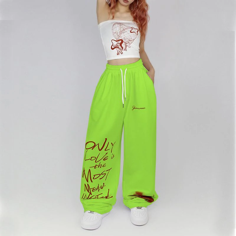 Wide Leg Sweatpants green  Women’s Y2K Streetwear Letter Print Joggers Harajuku Hip Hop Oversized Casual Cargo Pants Womens Plus size Baggy Trousers for Woman with Red lettering