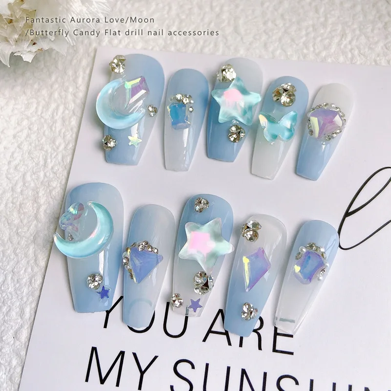 

10pcs/lot K9 Crystal Netizen Beauty Girl Moon Nail Jewelry Star Plain Face Butterfly Colorful Mocha Flat Bottom Nail Diary