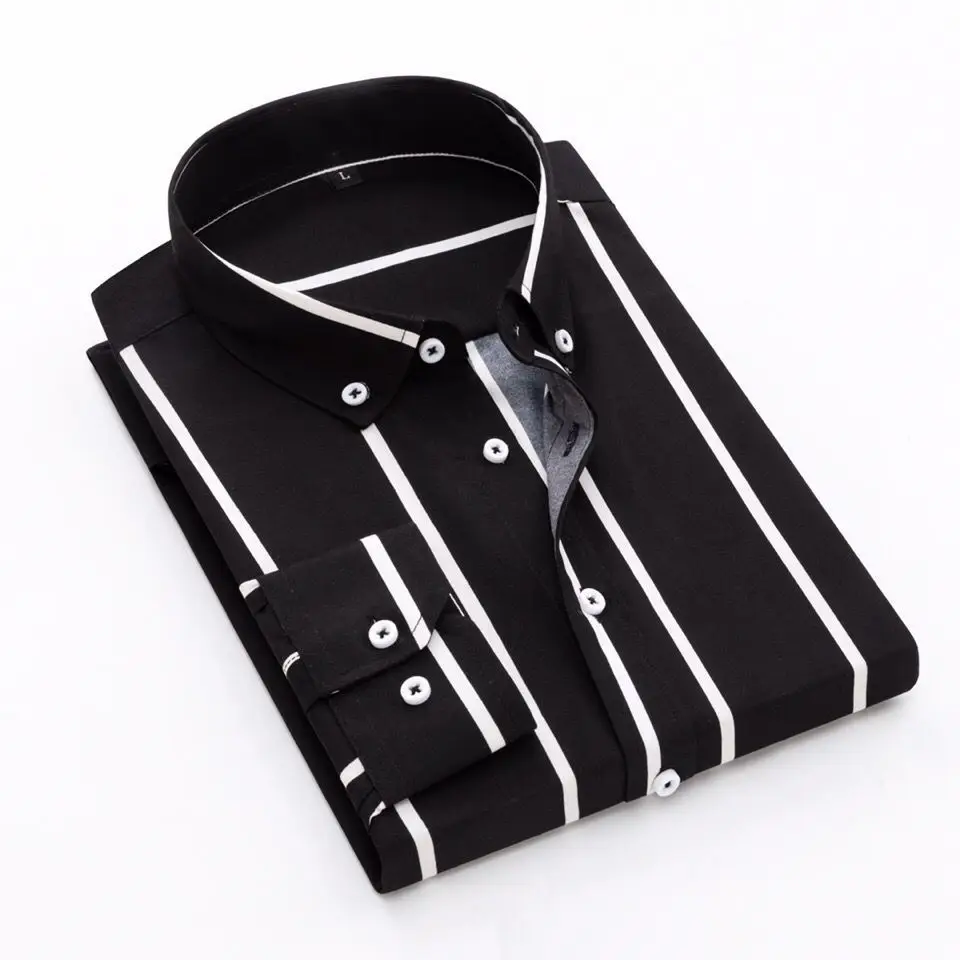 High Quality Men Casual Slim Fit Shirt Contrast Long Sleeve Business Dress Shirts French Cufflinks Shirt Male Striped Shirt H134