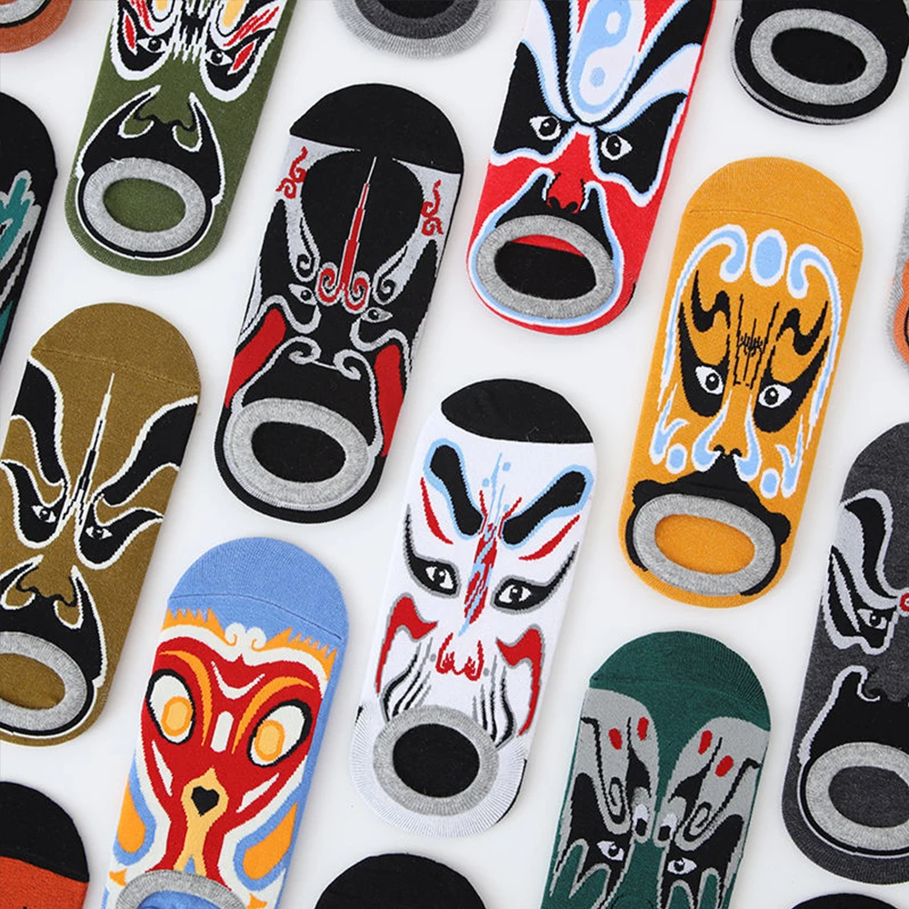 6Pairs Peking Opera Pattern Boat Sock Pure Cotton Breathable Deodorant Shallow Mouth Low-Top Tide Colorful Chinese Style Socks