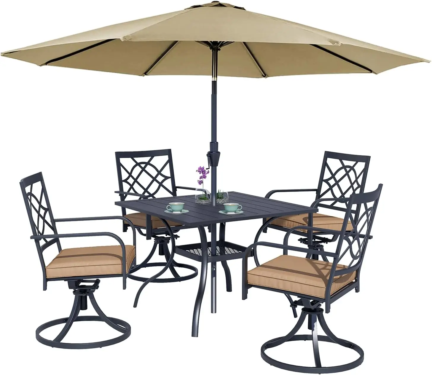 5-Piece Metal Outdoor Patio Furniture Outdoor Dining Set with Brown Umbrella, 4 Metal Swivel Chairs and Square Dining Table 1