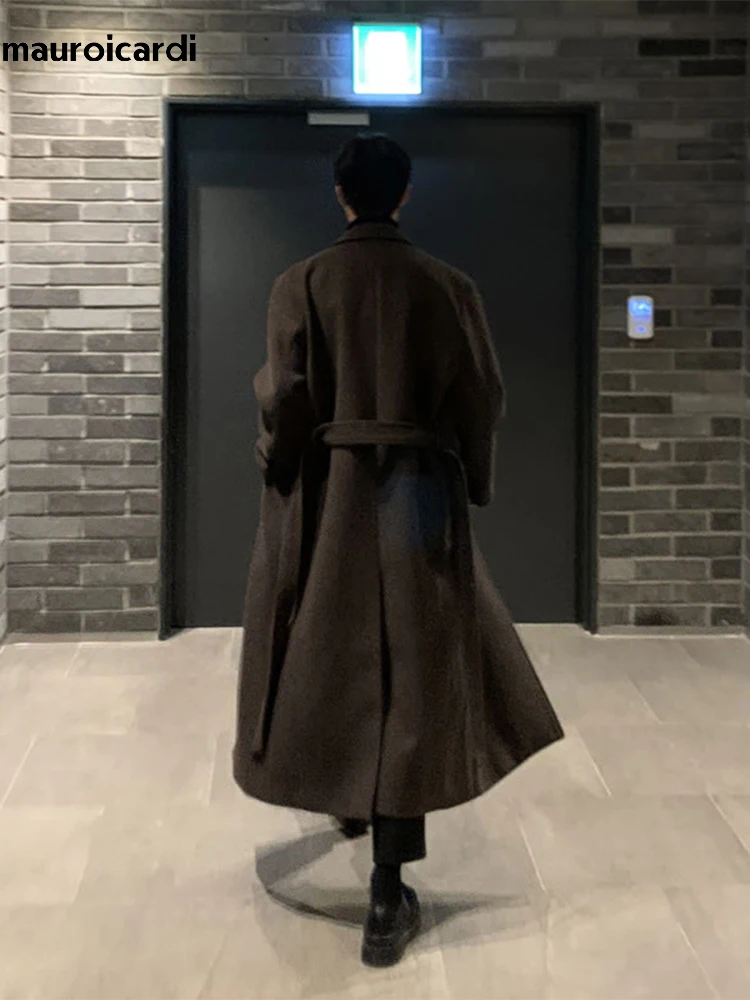 Mauroicardi Autumn Winter Long Casual Brown Black Soft Thick Warm Woolen Coat Men Sashes Luxury Designer Plus Size Overcoat 5XL 2