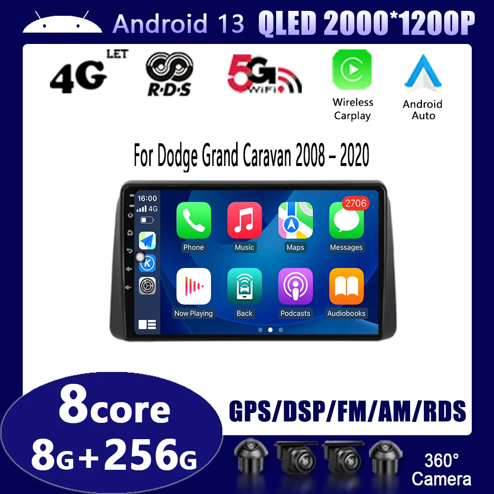 

Автомобильный мультимедийный плеер, автомобильное радио для Dodge Grand Caravan 2008-2020, экран навигации BT 4G GPS WIFI Carplay Android 13
