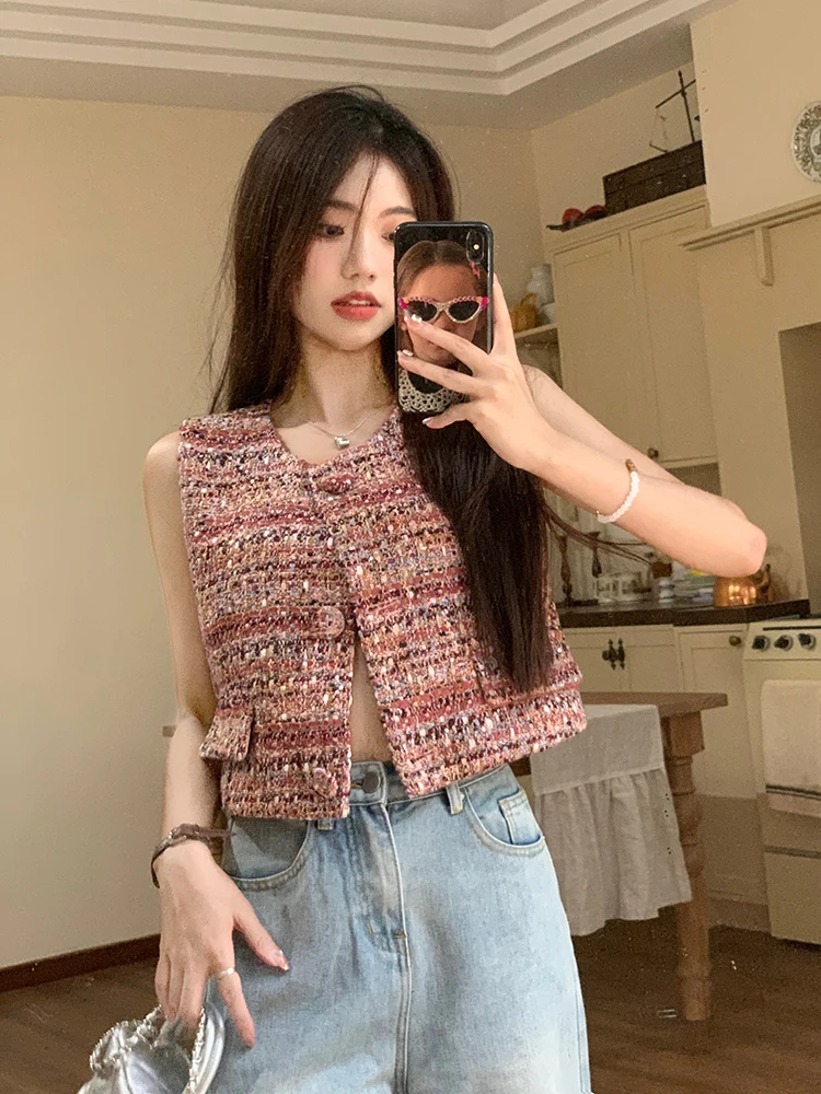 

Retro Tweed Vest Coat 2023 Spring Summer Fragrant Versatile Short Top Women Chic Outerwear Waistcoat