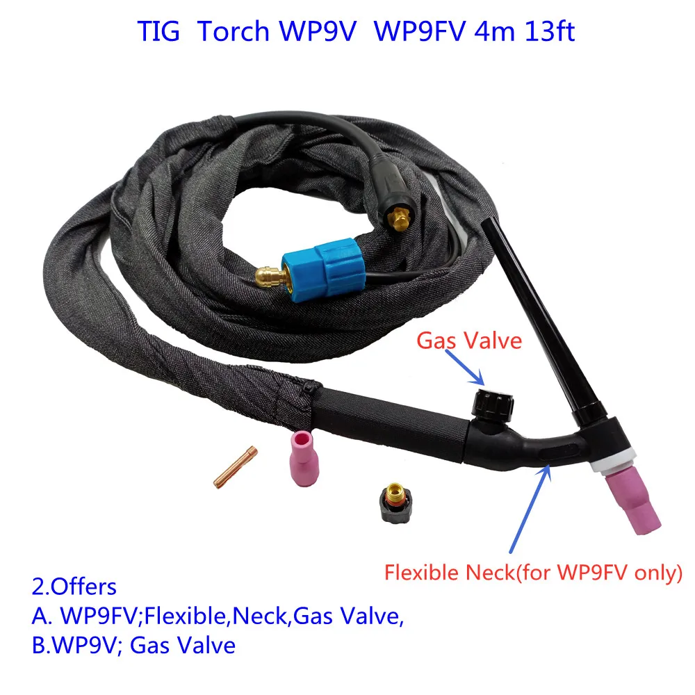 

WP9FV TIG Torch 4m 13ft Gas Tungsten Arc Welding Torch Argon Air Cooled Flexible Neck Gas Valve TIG Welding Torch