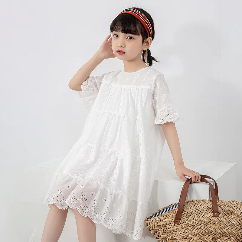 

White Lace Cotton Dress for Girl 8 10 12 Years Summer Flare Sleeve Loose Dress Big Girl Teen Clothes