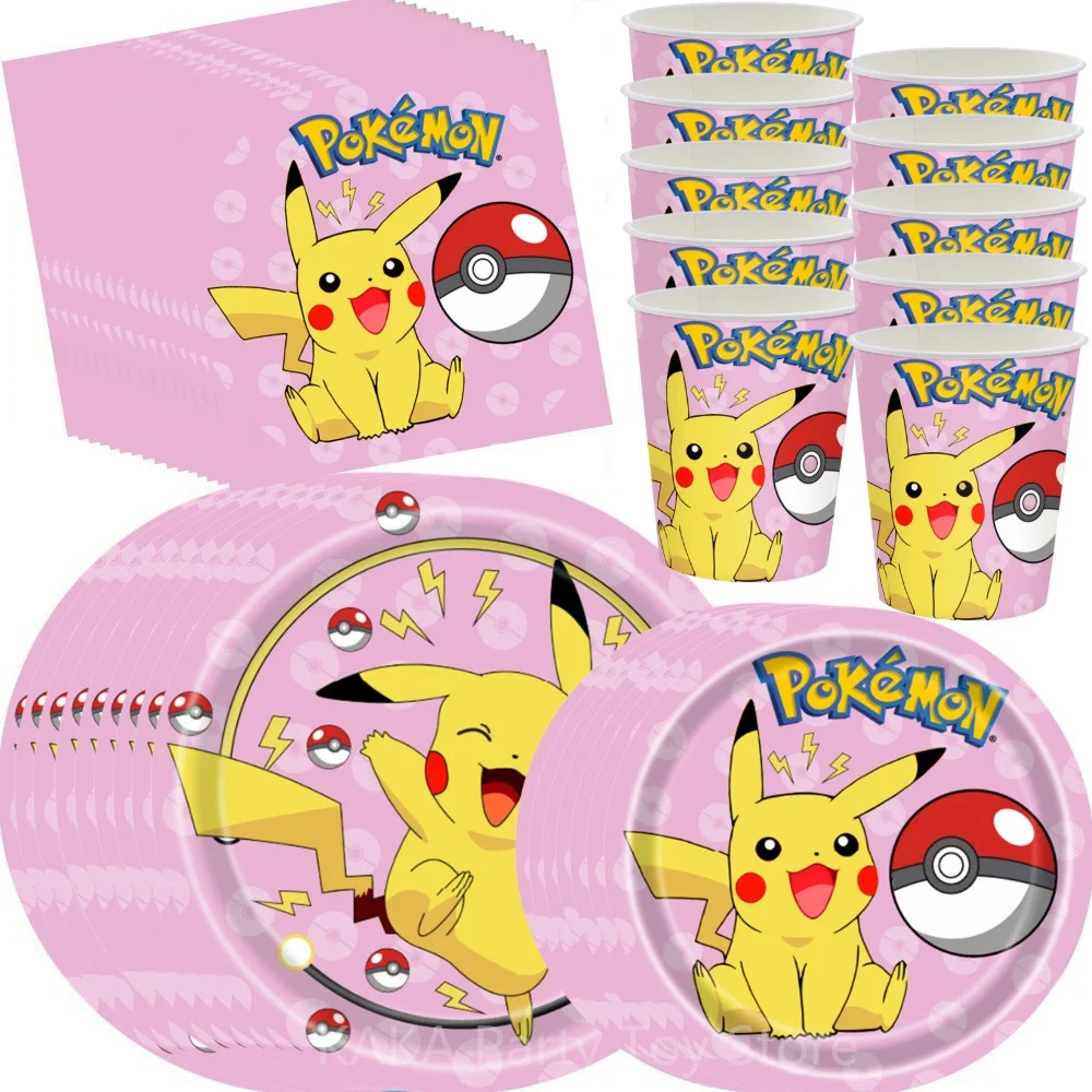 

Pink Pokemon Birthday Party Decoration Pikachu Decor Tableware Set Paper Plates Napkins Cups for Baby Shower Kids Party Supplies