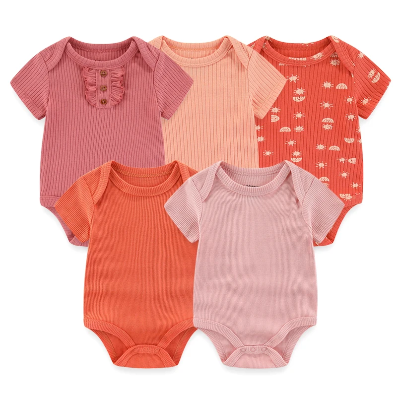 New Born Bodysuits Unisex 5Pieces Baby Girl Clothes Solid Color Cotton Baby Boy Clothes Set Cartoon Print Summer Bebes 5