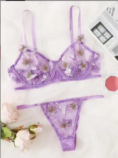 

Lace ultra thin bra and panty small fresh ladies sexy bralette butterfly applique mesh prospective with steel lingerie panties