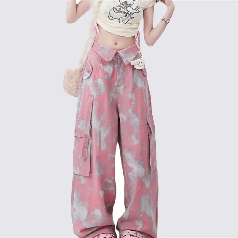 

Винтажные прямые широкие брюки в стиле Харадзюку, уличные повседневные брюки с карманами и застежкой на талию, свободные розовые камуфляжные накидки, женская одежда