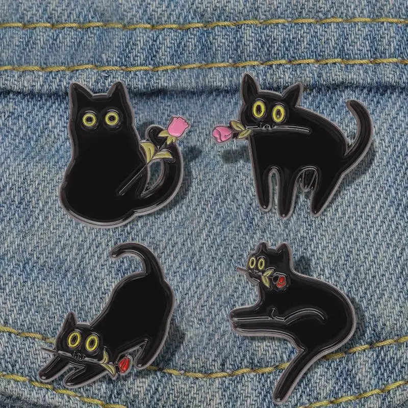 

Черная кошка с розой эмалевые булавки Забавные милые животные на заказ броши на лацкан значки мультфильм панк ювелирные изделия подарок для друзей
