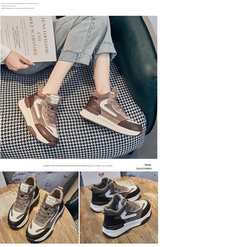 Women's Genuine Leather High Top Dad Shoes Thick Sole Trainers_voghion.com