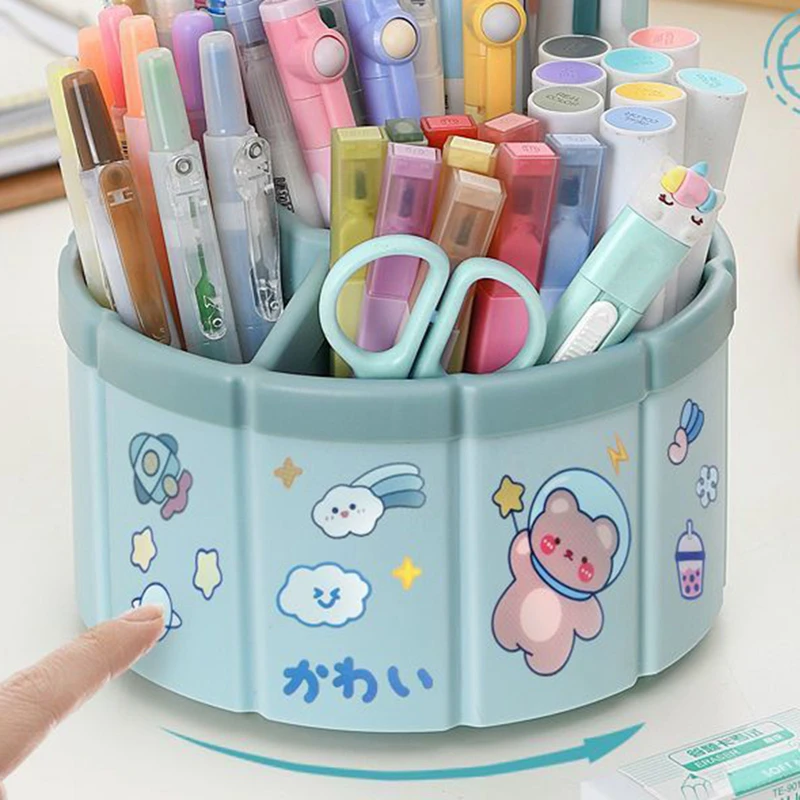 

360° Rotating Large Capacity Pen Holder 6 Spaces Category Organization Pen Holder Makeup Brush Storage Box School Stationery