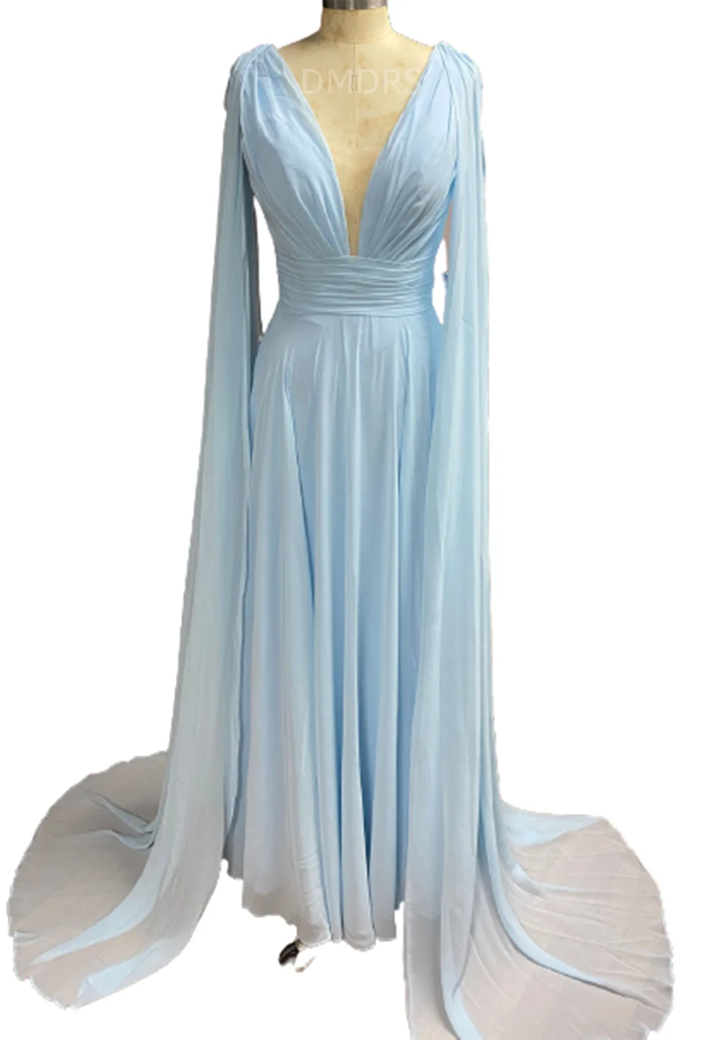 Bridesmaid Dresses Long A Line With Streamer Cape Sky Blue Chiffon Plunging Neck Backless Party Dress Maid Of Honor