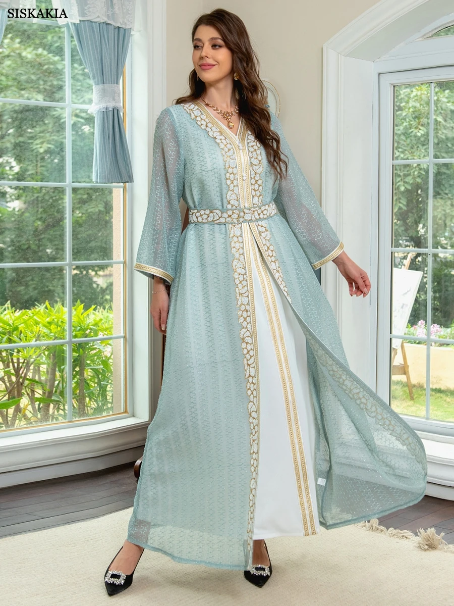

Elegant Turkish Abayas Muslim 2 Pieces Set Kaftan Dubai Luxury Diamonds Arabic Dresses Floral Embroidery Lace Tape Belted Dress