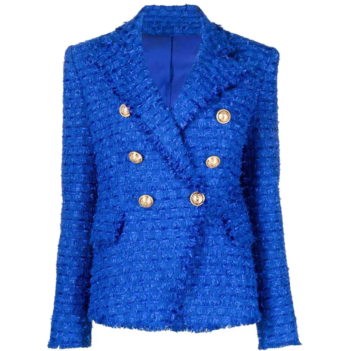 

Women's double breasted Long Sleeve blue Tweed Open Front Cropped Jacket Work Office White fringes Blazer Coat