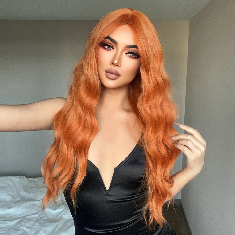 Copper Ginger Laranja Longa Onda de Água Perucas sintéticas com franja para as Mulheres Cosplay Party Curly Wave Hair Wig Fibra resistente ao calor