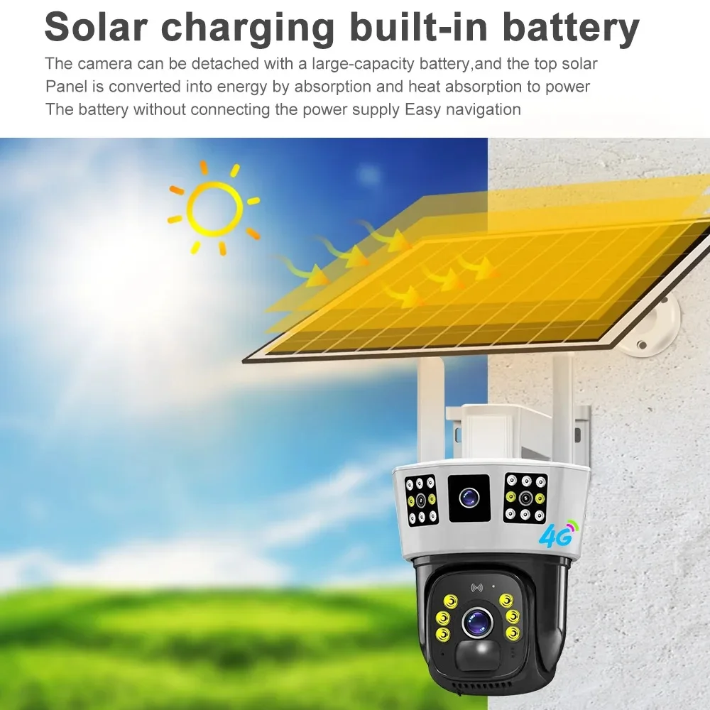 Saikiot 3 Screens Dual Lens V380 Pro 12MP 6K PTZ 4G Solar Powered CCTV Security Camera 360 Outdoor Waterproof Solar Camera WIFI