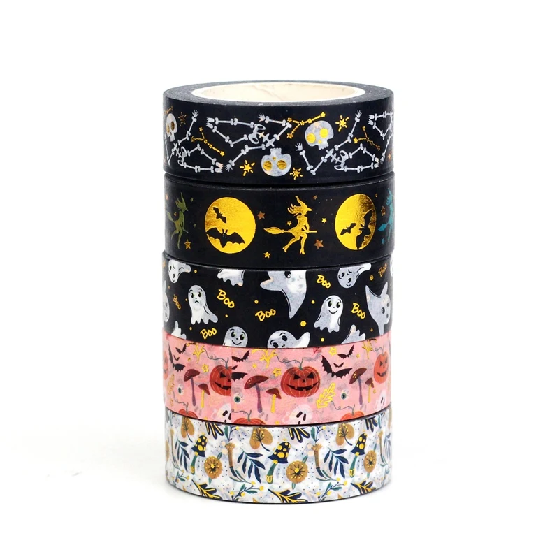 NEW 1PC 10M Deco Mushrooms Leaves Pumpkin Ghost Moon Gold Foil Halloween Washi Tape Set for Planner Masking Tape Cute Stationery 5