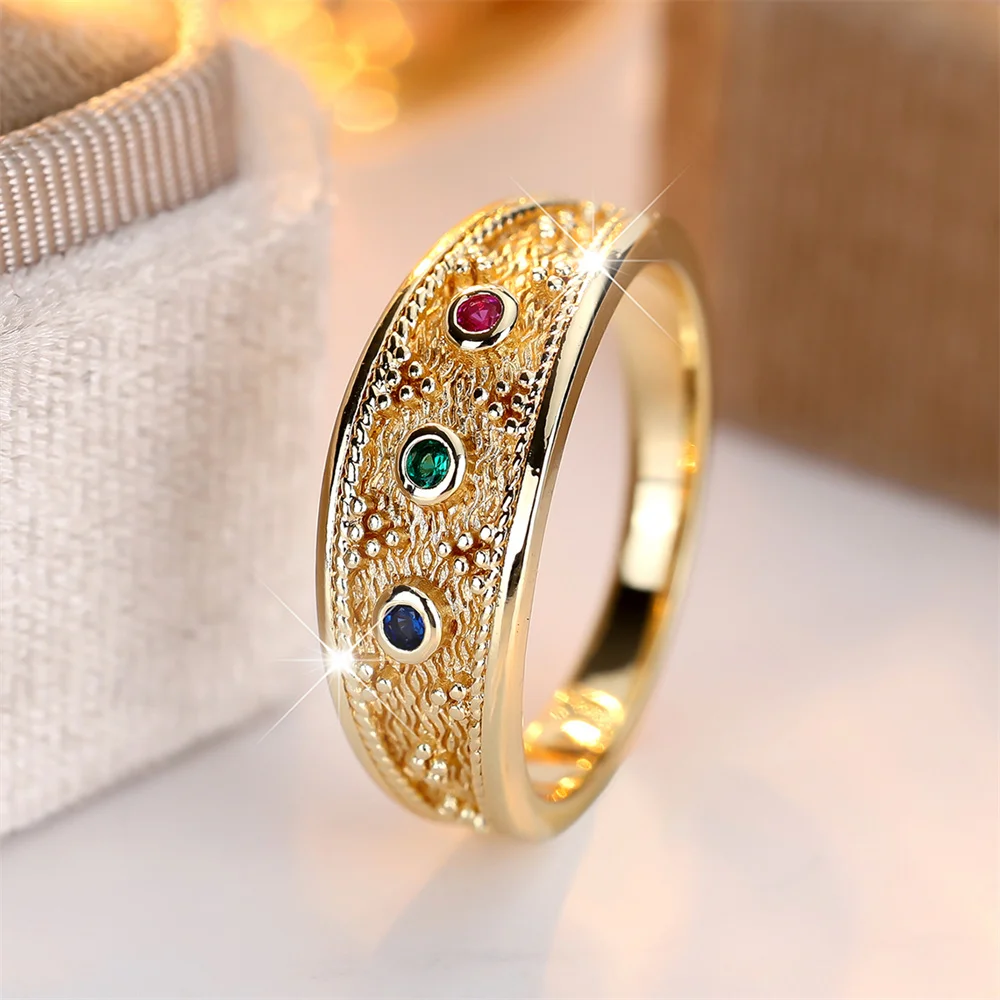 Multicolor Zircon Small Round Stone Rings For Women Vintage Gold Color Engagement Bands Wedding Jewelry Bridal Birthday Gifts