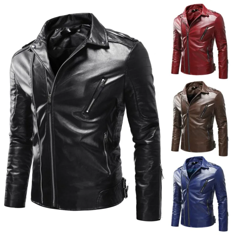 

Men's Casual Solid Leather jacket Coat Sping Autumn Trendy Zipper Motorcycle PU Outwear Slim Fit Lapel Streetwear Top Lage Size