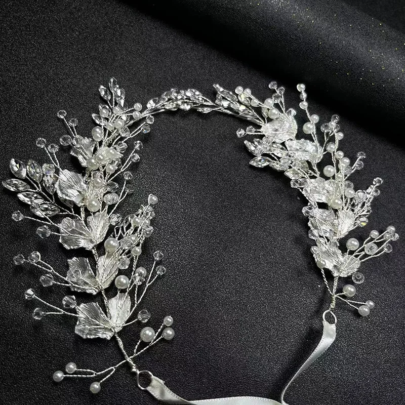 

SLBRIDAL Handmade Alloy Flower Leaf Rhinestone Pearls Bridal Headband Wedding Headpiece Hair Vine Bridesmaids Women Hair Jewelry