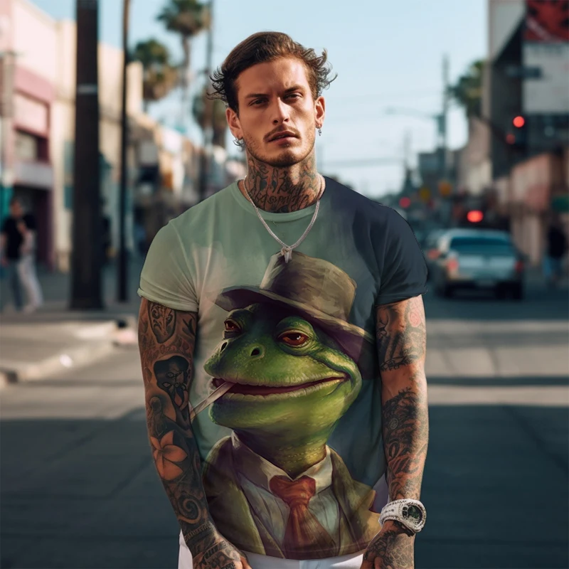 

Летняя простая свободная футболка, повседневные Большие футболки, забавная футболка с 3D-принтом лягушки, Мужская модная уличная футболка с коротким рукавом