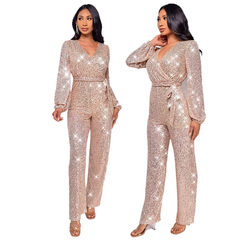 Hot Sale Sexy Long Sleeve V-Neck Luxury Sequin jumpsuit for women party Wide Leg jumpsuits 2023