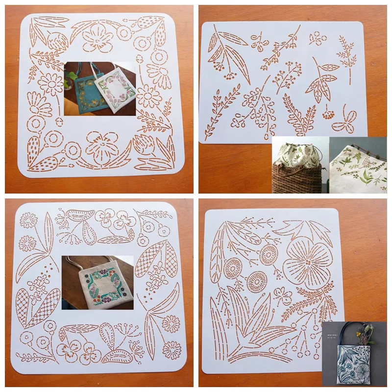 

4 стиля Лоскутные шаблоны с вышивкой цветов и травы искусственные кружева инструмент для вышивки шаблон Sashiko