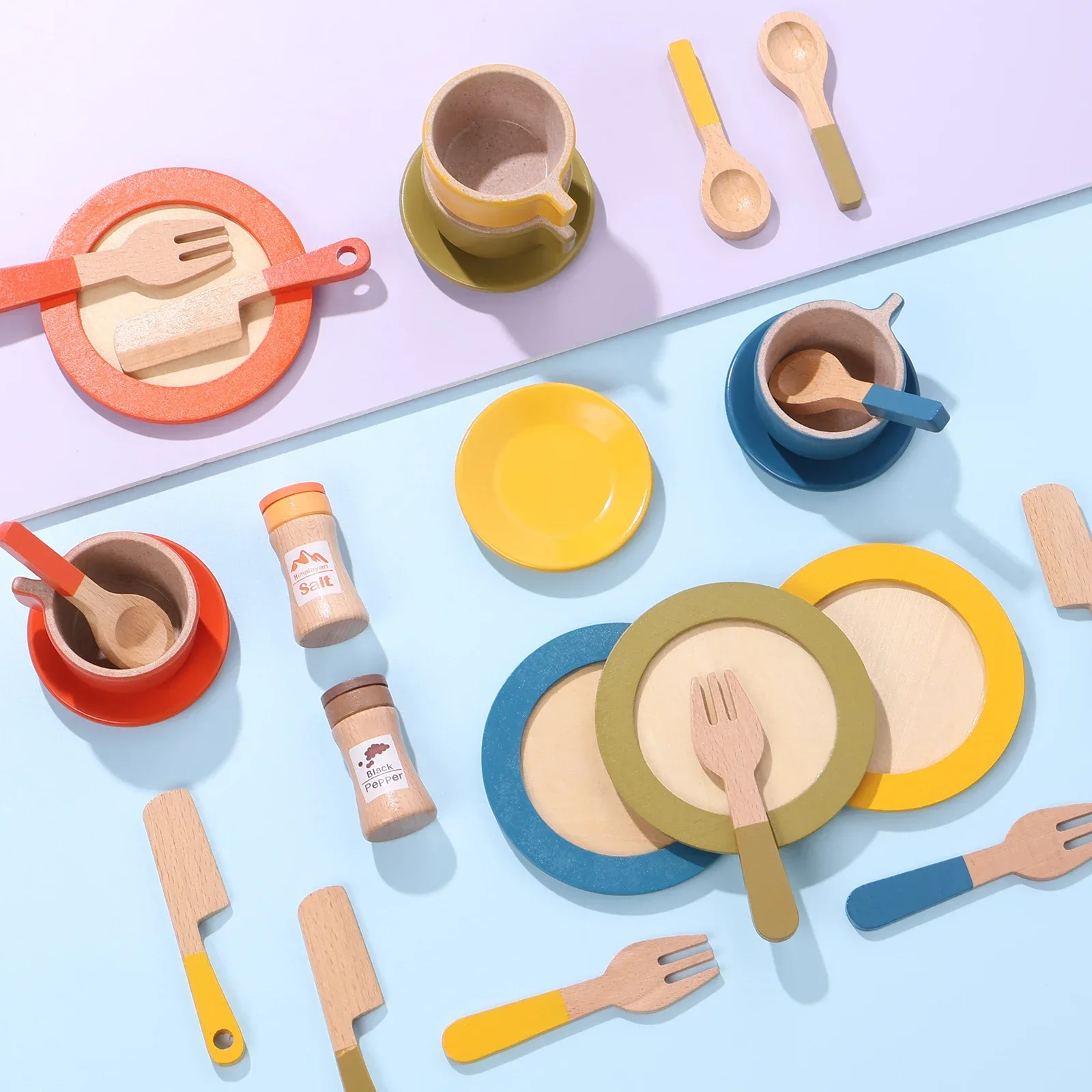 Pretend Play Wooden Kitchen Toys Set Toddler Educational Pretend Dish Toy Simulation Kitchen Toys Accessories for Kids Toddlers
