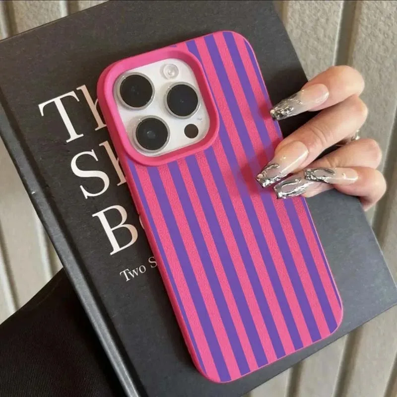 Lichee Leather Pattern Shockproof Phone Case with Minimalist Colorful Stripes