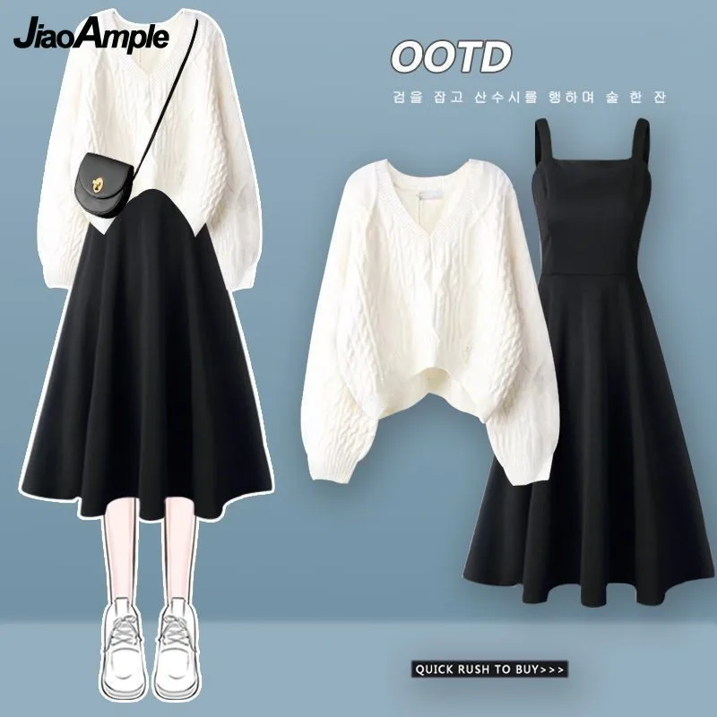 Women\'s Autumn Winter Suit 2023 New Loose Hole Sweater Dress Two Piece Korean Elegant V-Neck Knit Pullover Strap Skirt Set