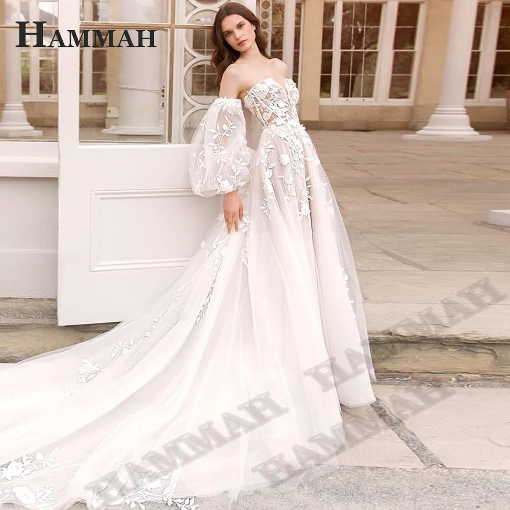 

HAMMAH Fancy Wedding Gowns For Women V Neck Appliques Tulle Long Puff Sleeves Illusion Vestidos De Novia Court Train Customised