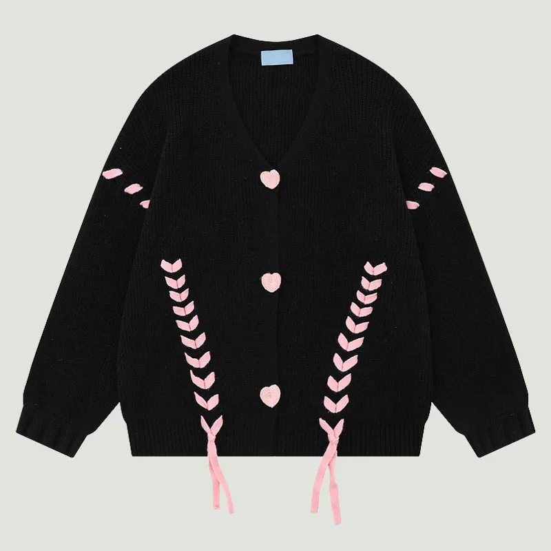 

Hip Hop Heart Shaped Button Knitted Cardigan Mens Retro Harajuku Tassels Patchwork Jumper Streetwear Casual Loose Sweater Unisex
