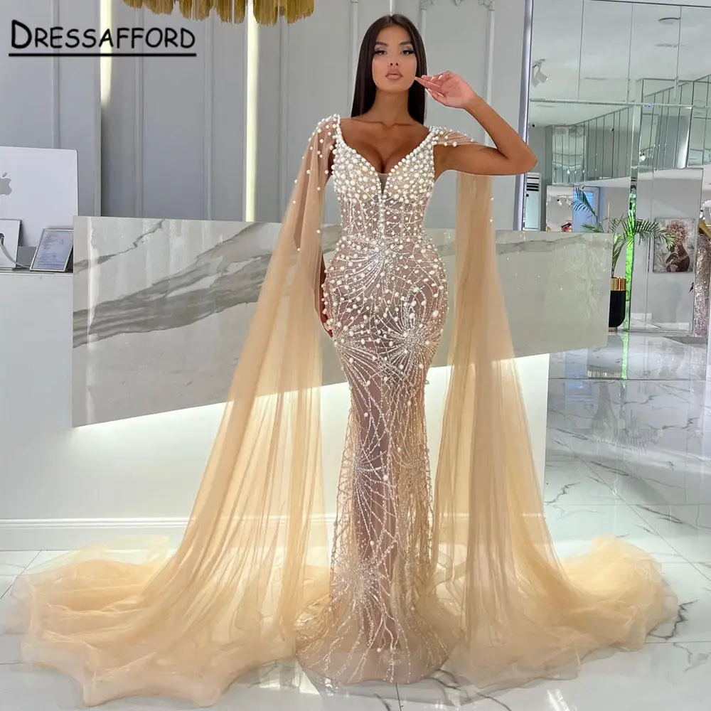 

Champagne Mermaid Luxury Dubai Evening Dress with Cape Sleeves Elegant Women Purple Wedding Formal Party Gown