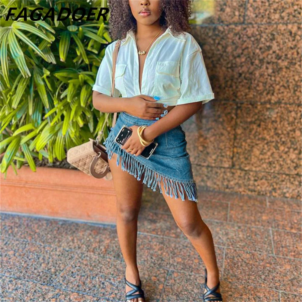 FAGADOER Fashion Y2K Denim Tassels Shorts Women High Waisted Button Slim Shorts Summer Irregular Cowboy Matching Bottoms 2023
