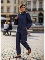 Gymdolphin Women's Navy Blue Coveralls Lapel Collar Long Sleeves Zippered Loose Jumpsuit 2025 Autumn Casual Streetwear Outfits - Image 3