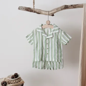 Korean Summer Baby Boys Clothes Set Fashion Leisure Newborn baby Lapel Striped Shirt +Shorts Girls Clothes 0-3Y Children 2Pcs