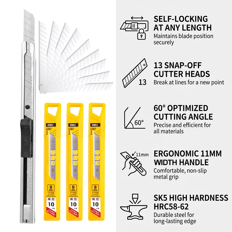9mm 헤비듀티 유틸리티 나이프 SK5 스틸 합금 블레이드 60 °   실버 엣지 0.4mm 두께 카펫/벽지 커팅 도구